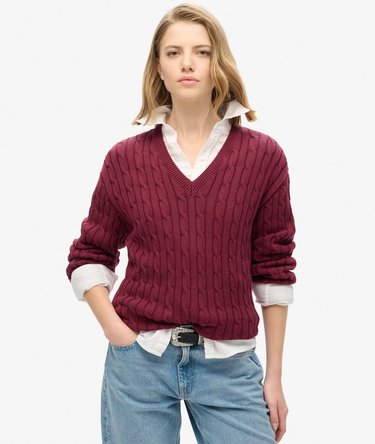 Jersey de punto trenzado con cuello de pico extragrande Image 1